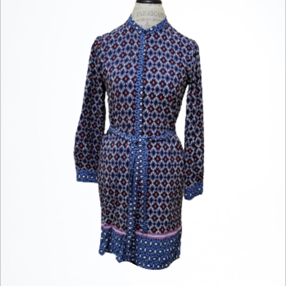 Zara Woman Blue Geo Print Belted Shirtdress Size L